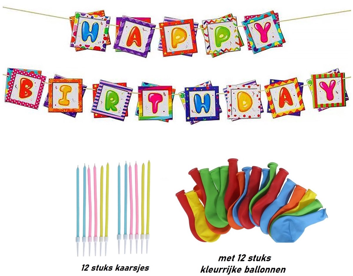 Set Happy birthday slingers , kaarsjes met 12 stuks ballonnen- Kleurrijke versiering Verjaardag Vlaggenlijn -5 Meter verjaardag letter slinger Voor Binnen En Buiten- Kinderen Verjaardagfeest| Jong en oud